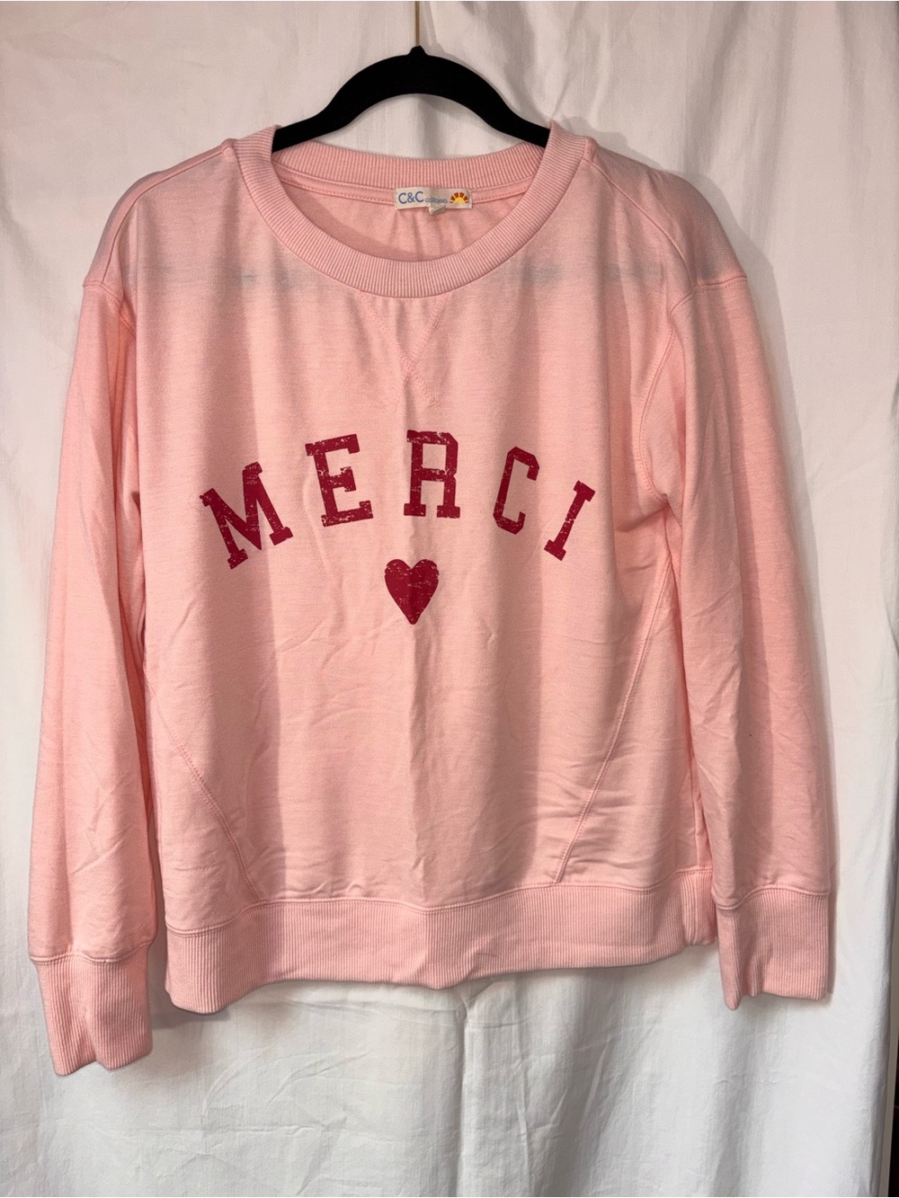 C&C California Pink Sweatshirt with Red 'MERCI' Graphic